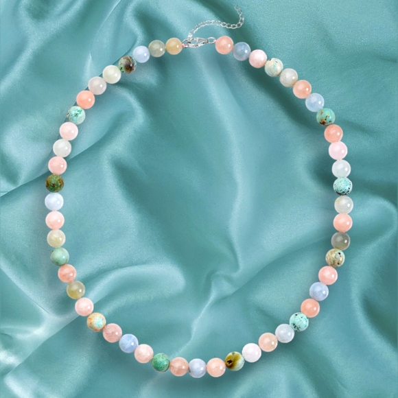 NWT PERU TURQUOISE, PINK MORGANITE & AQUAMARINE NECKLACE IN STERLING SILVER